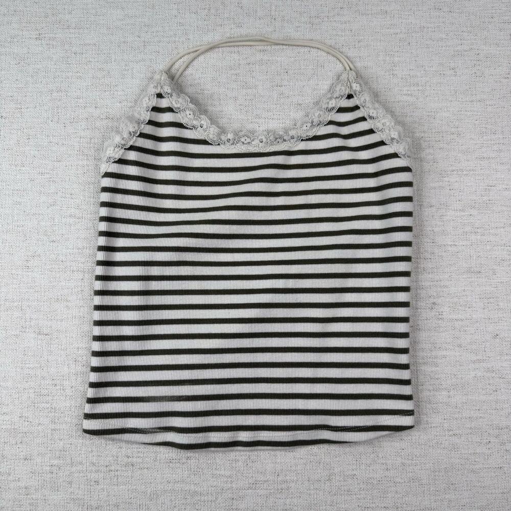 American Eagle Sage Green Striped Lace Trim Cami Tank Top M Cross Back Ribbed